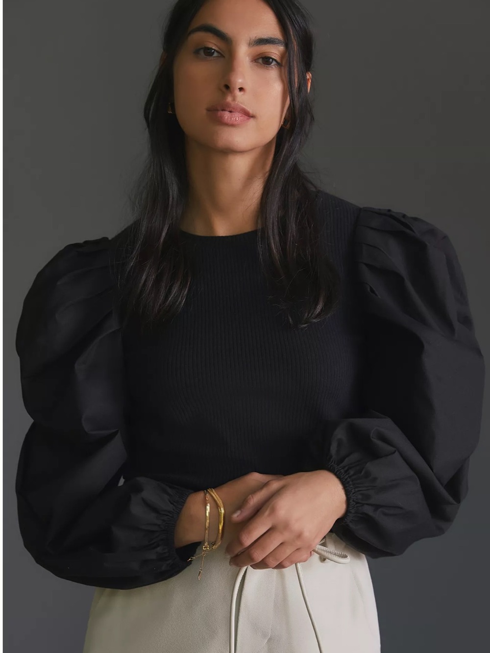 ANTHROPOLOGIE Puff-Sleeved Top Black Size L